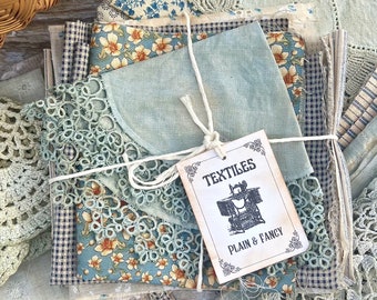 Mixed Fabric "Plain & Fancy" Ephemera Bundle - Coffee Dyed Vintage Ephemera - Country Blues - Vintage Lace, Trim, Fabric Crafts Bundle