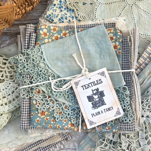 Mixed Fabric "Plain & Fancy" Ephemera Bundle - Coffee Dyed Vintage Ephemera - Country Blues - Vintage Lace, Trim, Fabric Crafts Bundle