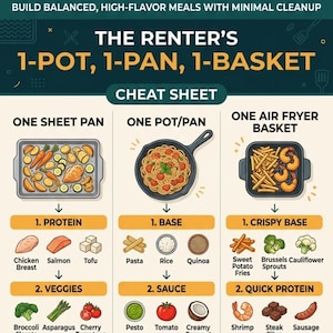 May include: An infographic titled The Renter's 1-Pot, 1-Pan, 1-Basket Cheat Sheet. It features three columns illustrating cooking methods: One Sheet Pan with roasted vegetables, One Pot/Pan with spaghetti, and One Air Fryer Basket with fries and shrimp.