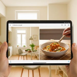 Może przedstawiać: Tablet wyświetla podzielony ekran: z jednej strony wnętrze kuchni ze stołem i krzesłami, z drugiej miska z jedzeniem serwowanym drewnianą łyżką. Tablet jest trzymany przed kuchnią.