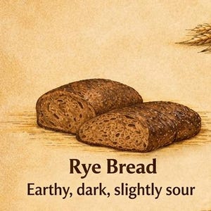 Peut inclure: Un pain de seigle brun fonc&eacute; coup&eacute; en deux morceaux, pr&eacute;sentant une texture int&eacute;rieure poreuse. Le texte Rye Bread, Earthy, dark, slightly sour est imprim&eacute; sous le pain, avec une petite illustration d'&eacute;pis de bl&eacute; dans le coin.