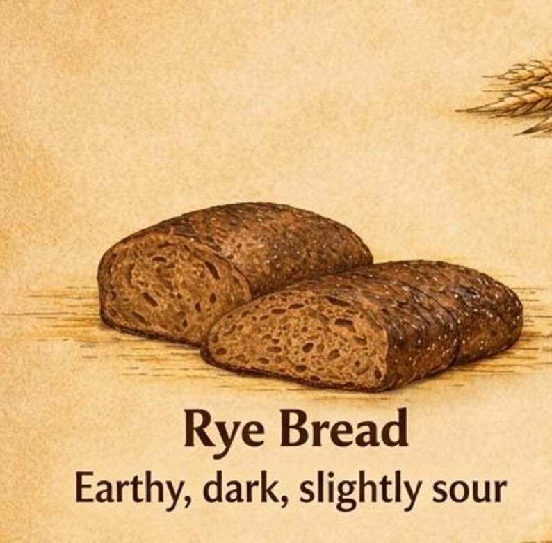 Peut inclure: Un pain de seigle brun fonc&eacute; coup&eacute; en deux morceaux, pr&eacute;sentant une texture int&eacute;rieure poreuse. Le texte Rye Bread, Earthy, dark, slightly sour est imprim&eacute; sous le pain, avec une petite illustration d'&eacute;pis de bl&eacute; dans le coin.
