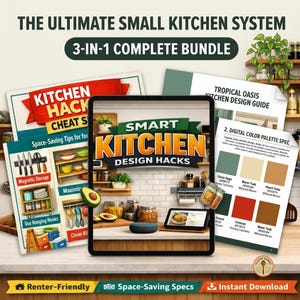 Paquete de trucos de diseño de cocinas inteligentes / Guía de almacenamiento para espacios pequeños, sistemas de renovación que facilitan la convivencia con los inquilinos y plantillas de organización estética