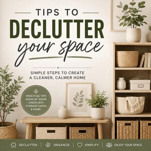 May include: A sign with the text TIPS TO DECLUTTER your space, SIMPLE STEPS TO CREATE A CLEANER, CALMER HOME, and a circle with PRACTICAL TIPS ROOM-BY-ROOM CHECKLISTS STORAGE HACKS & MORE! Below, a wooden bench holds a vase and plant.