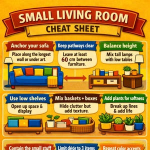 Może przedstawiać: Kolorowa infografika zatytułowana "Small Living Room Cheat Sheet" z poradami dotyczącymi aranżacji wnętrz. Zawiera ilustracje niebieskiej sofy, półek i roślin, z tekstem takim jak "Anchor your sofa" i "Keep pathways clear".