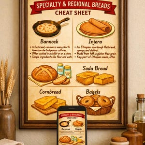 Peut inclure: Une affiche murale encadr&eacute;e intitul&eacute;e Specialty & Regional Breads Cheat Sheet, illustrant du bannock, de l'injera, du pain de ma&iuml;s, du soda bread et des bagels avec du texte descriptif. Un smartphone affiche la m&ecirc;me image au premier plan.