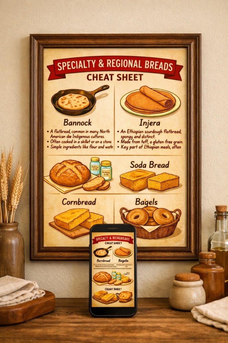 Peut inclure: Une affiche murale encadr&eacute;e intitul&eacute;e Specialty & Regional Breads Cheat Sheet, illustrant du bannock, de l'injera, du pain de ma&iuml;s, du soda bread et des bagels avec du texte descriptif. Un smartphone affiche la m&ecirc;me image au premier plan.
