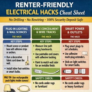 May include: An informational chart titled Renter-Friendly Electrical Hacks Cheat Sheet. It features three columns: Plug-In Lighting & Wall Sconces, Cable Concealment & Wire Tracks, and Smart Power & Outlets, detailing steps for each with icons.