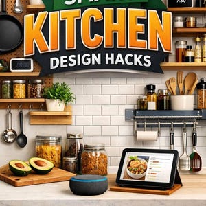 Peut inclure: Une cuisine avec le texte SMART KITCHEN DESIGN HACKS, Renter-Friendly, Space-Saving Ideas et Instant Download. On y voit des étagères en bois, des bocaux en verre, des ustensiles suspendus, une tablette et une enceinte connectée sur un comptoir.