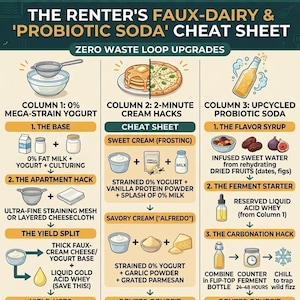 May include: An infographic titled The Renter's Faux-Dairy & Probiotic Soda Cheat Sheet. It features three columns detailing processes for mega-strain yogurt, 2-minute cream hacks, and upcycled probiotic soda with illustrations of food and kitchen tools.