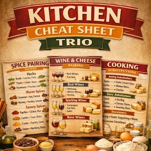 Kitchen Cheat Sheet Bundle | Spice Pairing Guide, Wine & Cheese Chart, Cooking Substitutions Cheat Sheet | Renter Friendly Printable Hacks