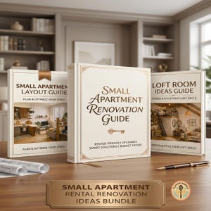 Puede incluir: Tres libros titulados Small Apartment Layout Guide, Small Apartment Renovation Guide y Loft Room Ideas Guide, con un bolígrafo y planos enrollados sobre una superficie de madera. Una placa rectangular dice Small Apartment Rental Renovation Ideas Bundle.