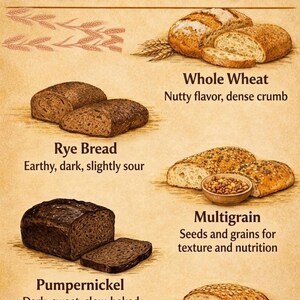 Peut inclure: Une affiche Whole Grain Bread Cheat Sheet illustrant cinq types de pain : bl&eacute; entier, seigle, multigrains, pumpernickel et avoine. Chaque entr&eacute;e comprend une &eacute;tiquette descriptive avec des notes sur la saveur et la texture sur fond beige.
