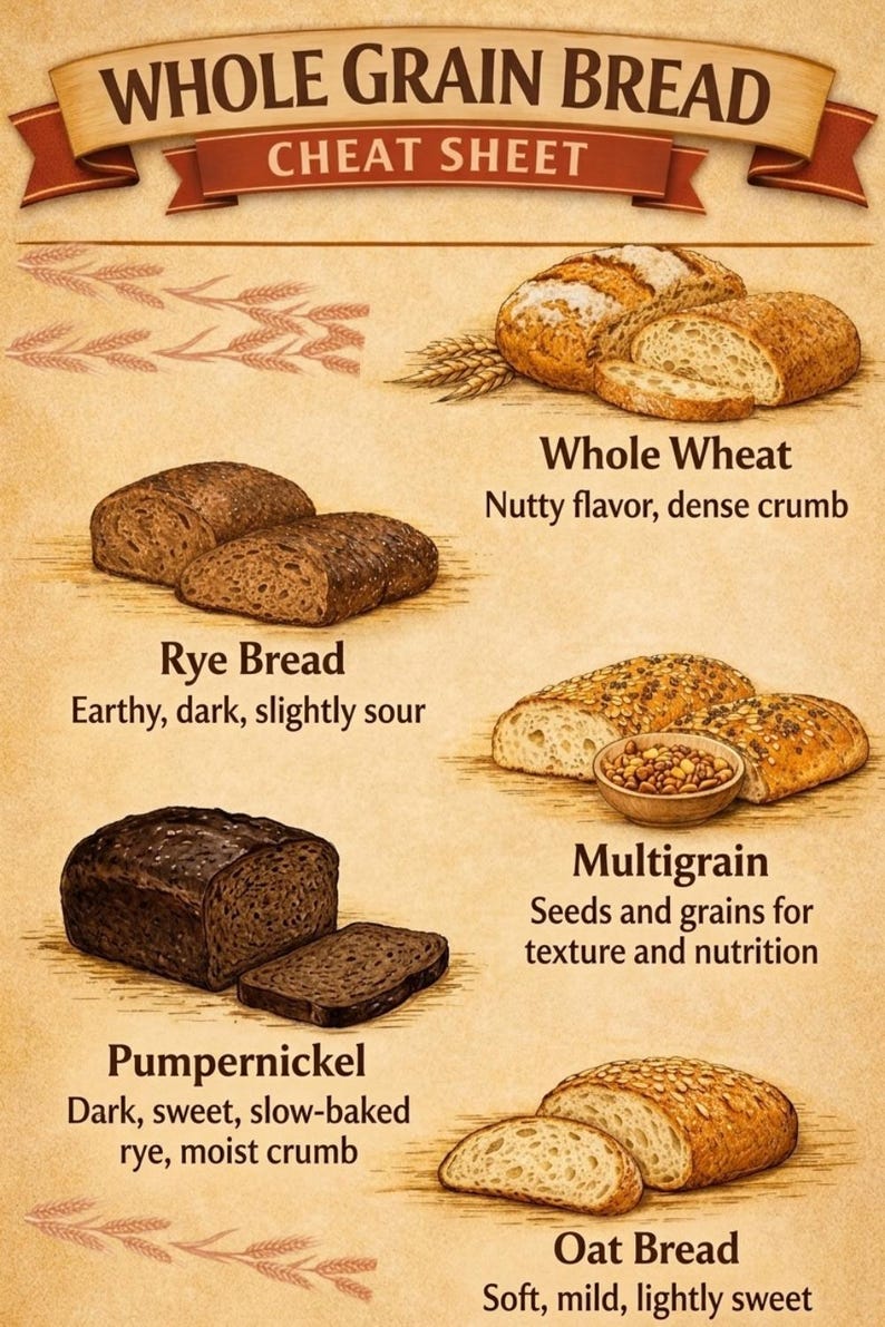 Peut inclure: Une affiche Whole Grain Bread Cheat Sheet illustrant cinq types de pain : bl&eacute; entier, seigle, multigrains, pumpernickel et avoine. Chaque entr&eacute;e comprend une &eacute;tiquette descriptive avec des notes sur la saveur et la texture sur fond beige.