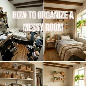 Peut inclure: Image divisée en deux parties, montrant une chambre en désordre transformée en un espace organisé. Le texte "HOW TO ORGANIZE A MESSY ROOM" est affiché. La chambre organisée comprend un lit avec une literie grise, un tapis tissé et des étagères avec des paniers.