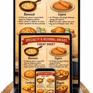 Peut inclure: Un affichage num&eacute;rique pr&eacute;sentant une fiche pratique sur les pains de sp&eacute;cialit&eacute; et r&eacute;gionaux sur un ordinateur portable, une tablette et un smartphone. L'image illustre du bannock dans une po&ecirc;le, de l'injera roul&eacute;, du pain, du pain de ma&iuml;s et des bagels.
