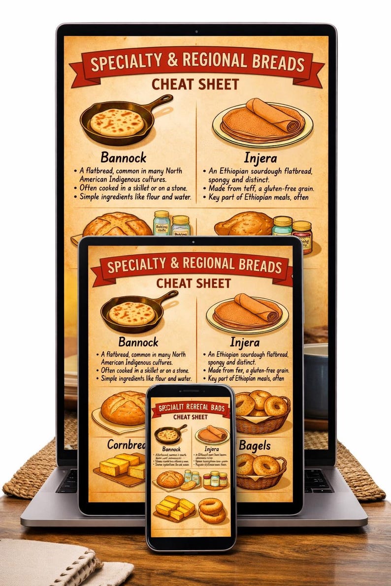 Peut inclure: Un affichage num&eacute;rique pr&eacute;sentant une fiche pratique sur les pains de sp&eacute;cialit&eacute; et r&eacute;gionaux sur un ordinateur portable, une tablette et un smartphone. L'image illustre du bannock dans une po&ecirc;le, de l'injera roul&eacute;, du pain, du pain de ma&iuml;s et des bagels.