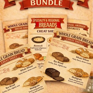 Peut inclure: Un ensemble de fiches aide-m&eacute;moire sur le pain comprenant plusieurs cartes informatives avec des illustrations de divers types de pains, notamment le seigle, le bl&eacute; entier et le multigrains. Le texte inclut des titres comme Specialty & Regional Breads et Whole Grain Bread Cheat Sheet, avec des descriptions de saveurs et de textures. Les cartes sont imprim&eacute;es sur un fond beige clair avec des accents de ruban rouge.