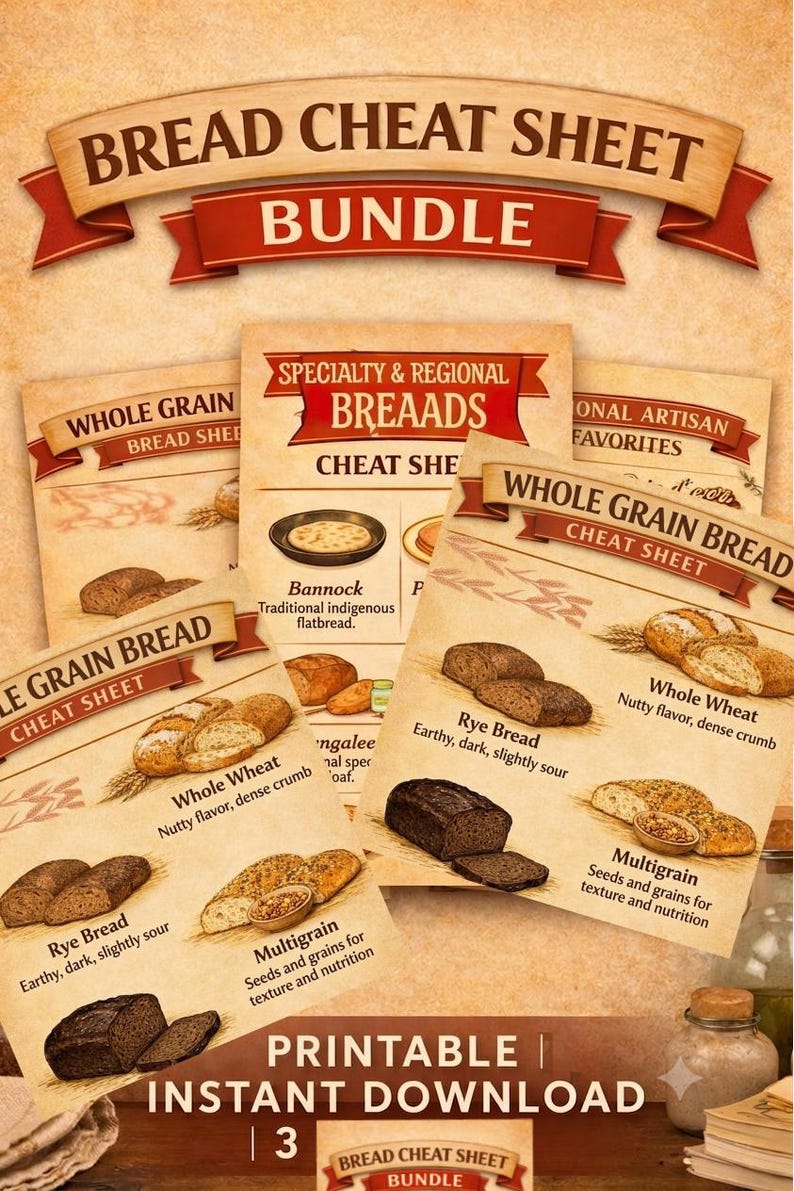 Peut inclure: Un ensemble de fiches aide-m&eacute;moire sur le pain comprenant plusieurs cartes informatives avec des illustrations de divers types de pains, notamment le seigle, le bl&eacute; entier et le multigrains. Le texte inclut des titres comme Specialty & Regional Breads et Whole Grain Bread Cheat Sheet, avec des descriptions de saveurs et de textures. Les cartes sont imprim&eacute;es sur un fond beige clair avec des accents de ruban rouge.