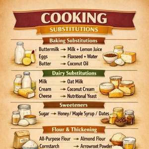 Può includere: Una tabella di sostituzioni in cucina con categorie per prodotti da forno, latticini, dolcificanti e farine. Il grafico include illustrazioni di ingredienti come latte, uova, burro, formaggio e farina, con testo che elenca le alternative.