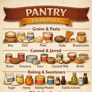 May include: A pantry essentials chart featuring illustrations of food items categorised into Grains & Pasta, Canned & Jarred, and Baking & Sweeteners. The graphic includes labels for rice, oats, flour, pasta, breadcrumbs, beans, tomatoes, tuna, coconut milk, broth, sugar, honey, baking powder, and vanilla extract.