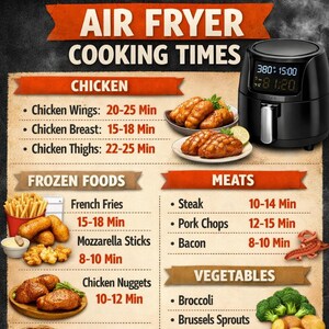 May include: An informational chart titled AIR FRYER COOKING TIMES featuring a black air fryer with a digital display showing 380 degrees and 15:00. The chart lists cooking times for chicken, frozen foods, meats, and vegetables with food images.