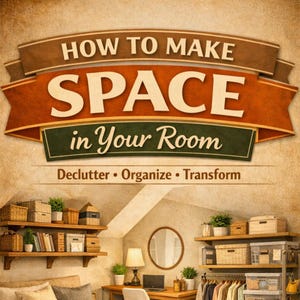 May include: A graphic sign with the text HOW TO MAKE SPACE in Your Room and the words Declutter, Organize, Transform below. The image shows a room interior with wooden shelves, woven baskets, a desk, a lamp, and a round wall mirror.