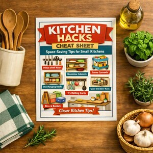 Op de afbeelding: Een keuken hacks cheat sheet met ruimtebesparende tips voor kleine keukens. De poster bevat illustraties van schapverhogers, het maximaliseren van kasten, hoekcarrousels, hangrekken, rolwagens, bakken en manden en over-de-deurrekken. Houten lepels, kruiden en groenten omringen de poster.