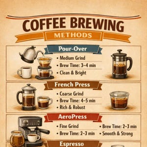 Könnte beinhalten: Ein lehrreiches Poster im Vintage-Stil mit dem Titel COFFEE BREWING METHODS. Es zeigt Illustrationen von Pour-Over, French Press und AeroPress-Geräten mit Text zu Mahlgraden, Brühzeiten von 2-5 Minuten und Geschmacksprofilen für jede Methode.