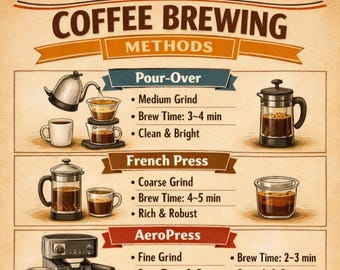 Aide-mémoire sur les méthodes de préparation du café, infographie, conseils à imprimer – Guide du tableau de référence du barman, infographie de décoration de cuisine, cadeau pour amateur de café