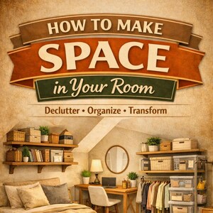 以下が含まれることがあります： HOW TO MAKE SPACE in Your RoomおよびDeclutter • Organize • Transformというテキストが書かれたグラフィック看板。テキストの下には、木製の棚、デスク、椅子、丸い鏡、ベッド、衣類ラックがある寝室の風景が描かれています。