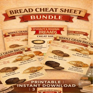 May include: A digital bread cheat sheet bundle featuring multiple informational pages with illustrations of various bread types including rye, whole wheat, and bannock. Each section includes descriptive text about the bread's flavor and texture.