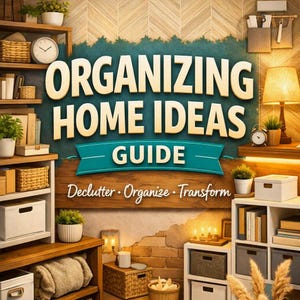 Może przedstawiać: Tablica ścienna z napisem ORGANIZING HOME IDEAS GUIDE oraz podtytułem Declutter Organize Transform, otoczona drewnianymi półkami, plecionymi koszami, roślinami doniczkowymi, lampą stołową i pojemnikami na tle ceglanej ściany.