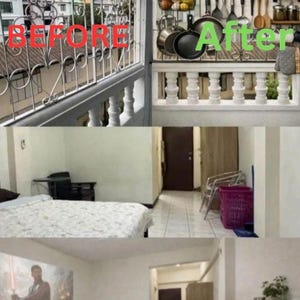 Op de afbeelding: Een gesplitst scherm toont de voortgang van een woningrenovatie. Het bovenste gedeelte toont een balkon met metalen balustrades voor en na het toevoegen van keukenopslag. Het midden toont een slaapkamer met een bed en een stoel.