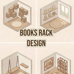 May include: An illustration showing four different interior room layouts featuring various wooden shelving units, wall-mounted storage cubes, floating shelves, a hanging swing, and a tall bookcase, with the text BOOKS RACK DESIGN centred.