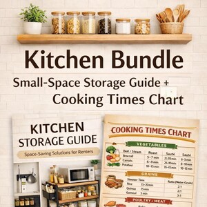 Pacote para Cozinha de Aluguel | Guia de Dicas de Armazenamento + Tabela de Tempos de Cozimento | Organização para Economizar Espaço + Conjunto de PDFs para Preparação de Refeições