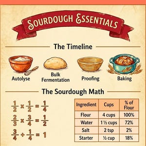 May include: An educational infographic titled Sourdough Essentials featuring a timeline with illustrations of a bowl, dough, proofing basket, and baked bread. It includes mathematical equations and a table listing ingredients in cups and percentages.