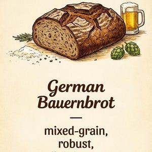 Peut inclure: Une miche de pain brun German Bauernbrot &agrave; la cro&ucirc;te incis&eacute;e, accompagn&eacute;e d'un verre de bi&egrave;re dor&eacute;e, de houblon vert et d'un petit tas de farine. Le texte indique : German Bauernbrot, mixed-grain, robust, slightly sour.