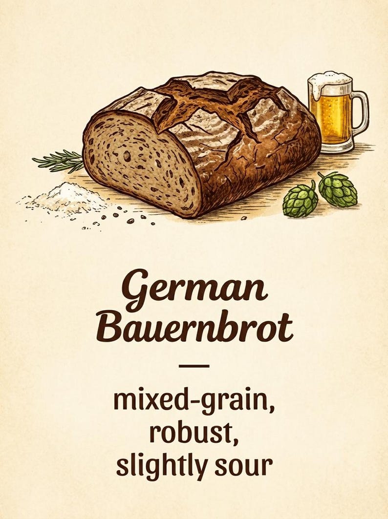 Peut inclure: Une miche de pain brun German Bauernbrot &agrave; la cro&ucirc;te incis&eacute;e, accompagn&eacute;e d'un verre de bi&egrave;re dor&eacute;e, de houblon vert et d'un petit tas de farine. Le texte indique : German Bauernbrot, mixed-grain, robust, slightly sour.