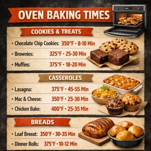 May include: A kitchen reference chart titled OVEN BAKING TIMES listing temperatures and durations for cookies, brownies, muffins, lasagna, mac and cheese, chicken bake, bread, and dinner rolls, accompanied by illustrations of baked goods.