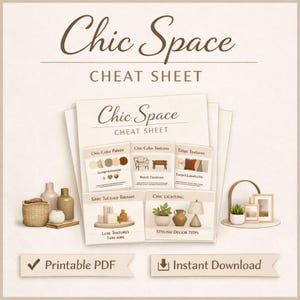 May include: A digital printable "Chic Space Cheat Sheet" with interior design tips. The image features a stack of papers with headings like "Chic Color Paletic" and "Chic Lighting." Includes a basket, vases, and a shelf with decor.