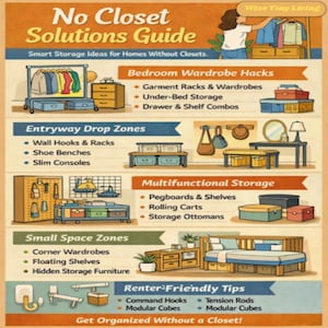 Op de afbeelding: Een infographic getiteld No Closet Solutions Guide met illustraties van opbergmeubels, kledingrekken en organisatietips voor huizen zonder kast, inclusief secties over slaapkamerhacks, entreezones en opbergideeën voor huurwoningen.