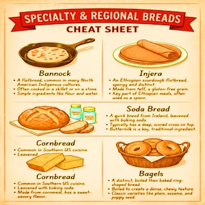Peut inclure: Une infographie intitulée Specialty & Regional Breads Cheat Sheet présentant des illustrations de bannock dans une poêle, d'injera sur une assiette, de pain au bicarbonate, de pain de maïs et de bagels dans un panier, avec des textes descriptifs.