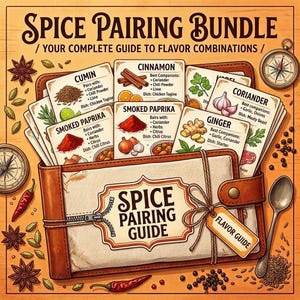 May include: A Spice Pairing Bundle guide featuring a leather-bound case filled with illustrated cards detailing flavor combinations for spices like Cumin, Cinnamon, Smoked Paprika, Coriander, and Ginger, accented by compasses and a spoon.