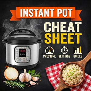 May include: A stainless steel Instant Pot pressure cooker with a black lid and digital display, accompanied by text reading INSTANT POT CHEAT SHEET, PRESSURE, SETTINGS, GUIDES, alongside an onion, garlic, rosemary, and a wooden spoon with rice.
