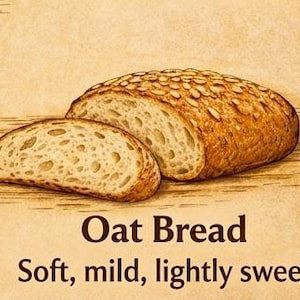 Peut inclure: Un pain &agrave; l'avoine dor&eacute; avec une tranche coup&eacute;e devant, pr&eacute;sentant une cro&ucirc;te textur&eacute;e parsem&eacute;e d'avoine et une mie a&eacute;r&eacute;e. Le texte ci-dessous indique Oat Bread, Soft, mild, lightly sweet, sur un fond beige clair.
