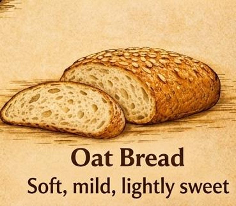Peut inclure: Un pain &agrave; l'avoine dor&eacute; avec une tranche coup&eacute;e devant, pr&eacute;sentant une cro&ucirc;te textur&eacute;e parsem&eacute;e d'avoine et une mie a&eacute;r&eacute;e. Le texte ci-dessous indique Oat Bread, Soft, mild, lightly sweet, sur un fond beige clair.