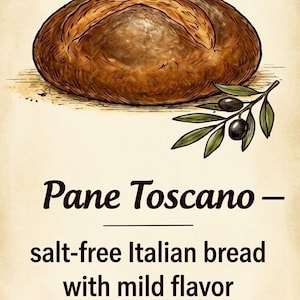 Peut inclure: Une miche de pain ronde et brune avec un dessus incis&eacute;, accompagn&eacute;e d'une petite branche d'olivier avec deux olives noires. Le texte indique : Pane Toscano &ndash; salt-free Italian bread with mild flavor. L'illustration est de style classique.