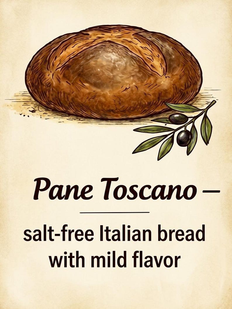 Peut inclure: Une miche de pain ronde et brune avec un dessus incis&eacute;, accompagn&eacute;e d'une petite branche d'olivier avec deux olives noires. Le texte indique : Pane Toscano &ndash; salt-free Italian bread with mild flavor. L'illustration est de style classique.