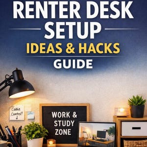 Könnte beinhalten: Ein digitaler Ratgeber mit dem Titel RENTER DESK SETUP IDEAS & HACKS GUIDE, der eine schwarze Schreibtischlampe, ein Buchstabenbrett mit dem Text WORK & STUDY ZONE, eine Topfpflanze, einen Laptop und ein hölzernes Aufbewahrungsregal zeigt.